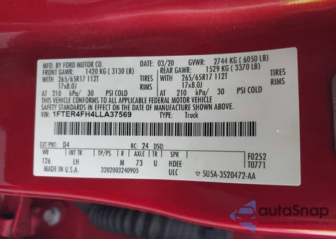 2020 Ford Ranger Xlt z USA, uszkodzony, nr VIN 1FTER4FH4LLA37569